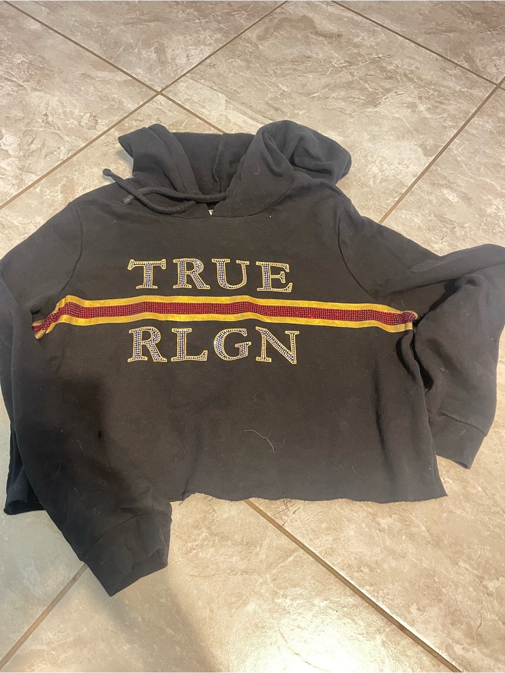 True Religion Black Hoodie with Red Logo Graphic Patch